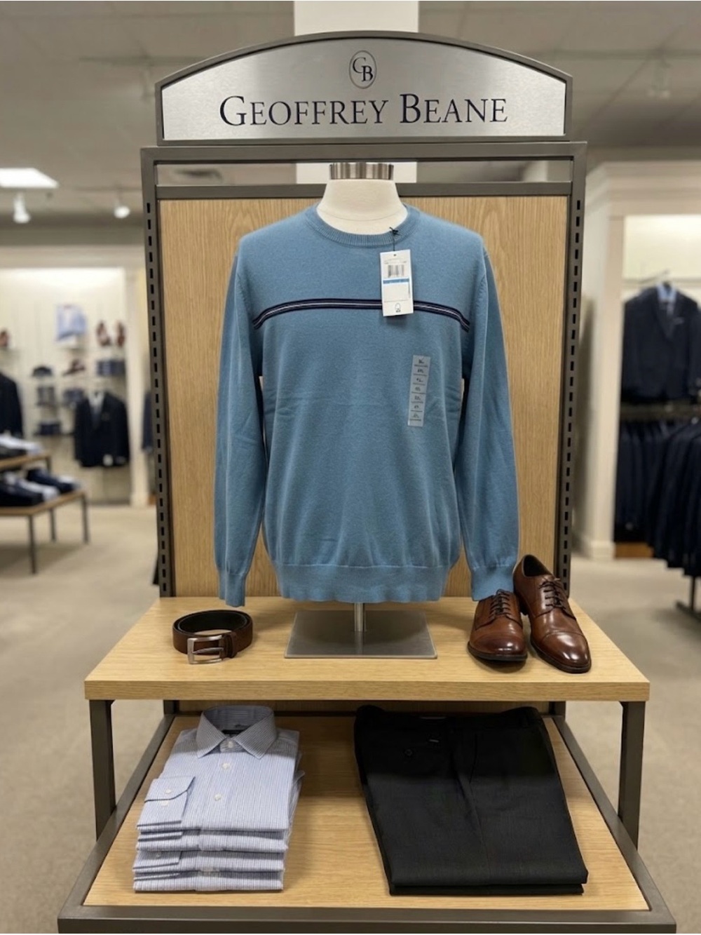 Geoffrey Beene NWT Light Blue Crewneck Sweater with Navy Stripe